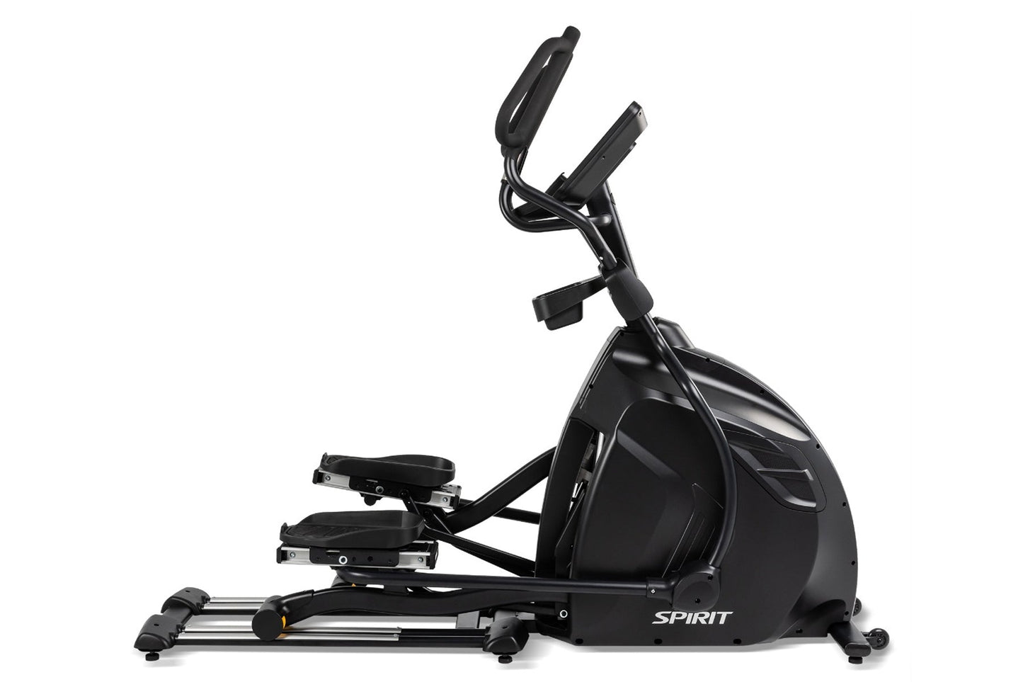 Spirit CE850 elliptical machine with black frame, pedals, and padded seat on white background