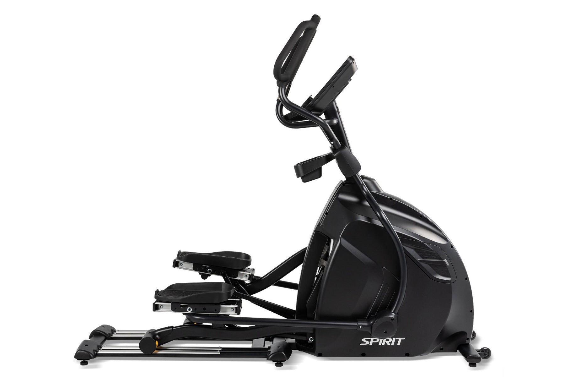 Spirit CE850 elliptical machine with black frame, pedals, and padded seat on white background