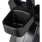 Black cup holder attachment on Spirit CE850 elliptical machine, mounted on frame arm