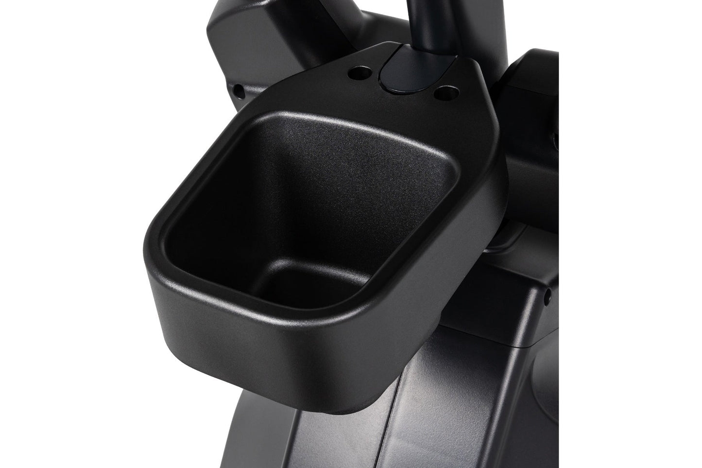 Black cup holder attachment on Spirit CE850 elliptical machine, mounted on frame arm