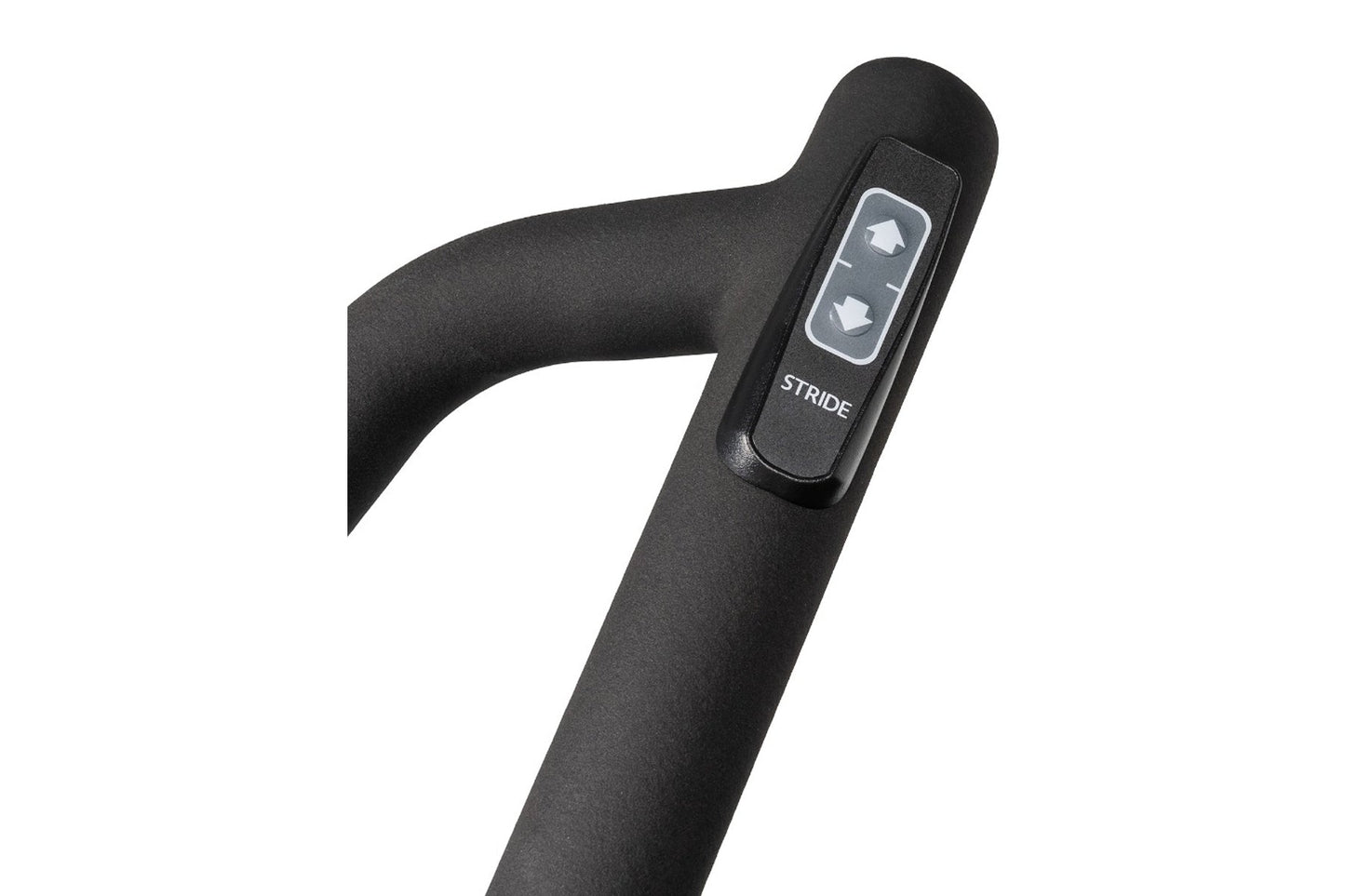 Black elliptical machine handlebar with Stride branding and up-down control buttons on white background