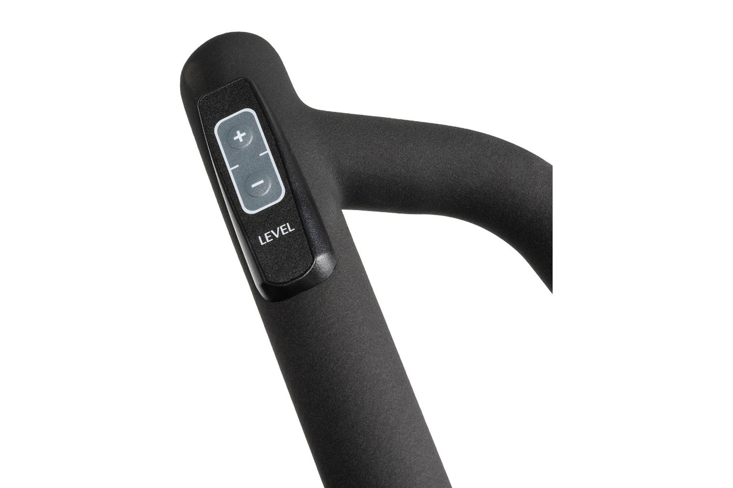 Black elliptical machine handlebar with digital control panel featuring "Level" adjustment buttons and plus/minus icons, on w