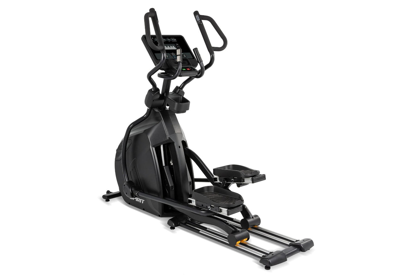 Black Spirit CE850 elliptical machine with dual handles, digital display console, and extended footrails on white background