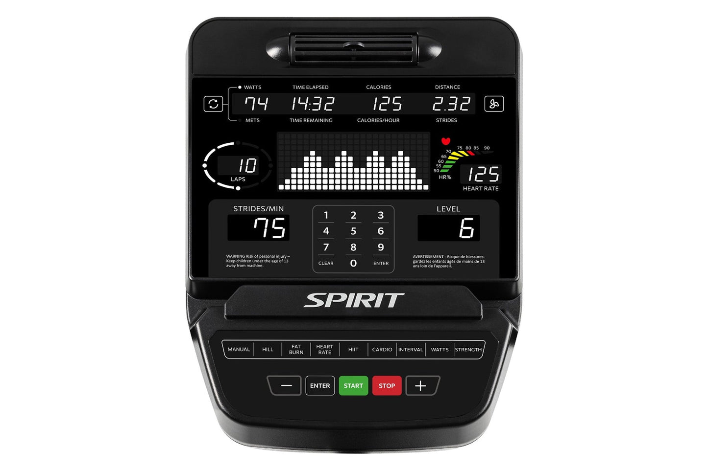 Spirit CE900 elliptical console displaying workout metrics including watts, time elapsed, calories, distance, heart rate, and