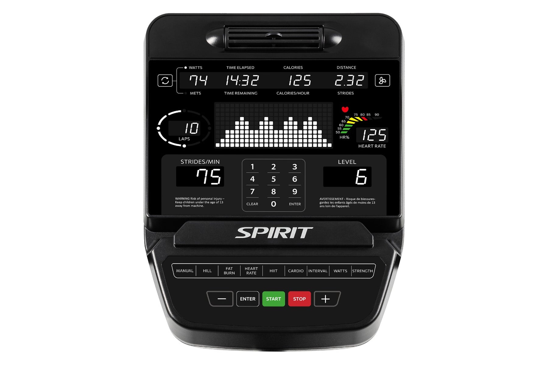 Spirit CE900 elliptical console displaying workout metrics including watts, time elapsed, calories, distance, heart rate, and