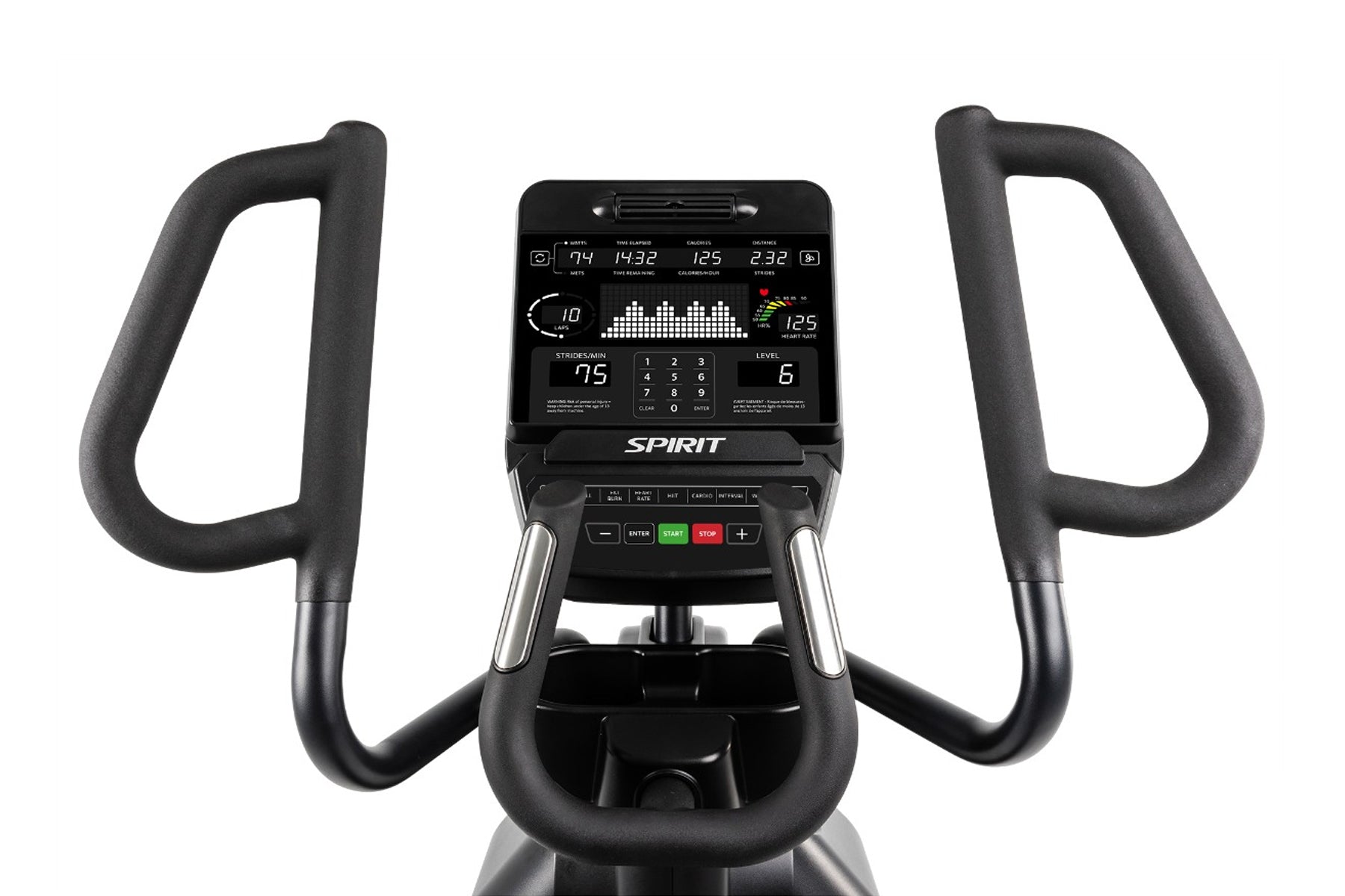 Spirit CE900 stationary bike with black padded handlebars, digital display showing workout metrics, and control buttons on wh