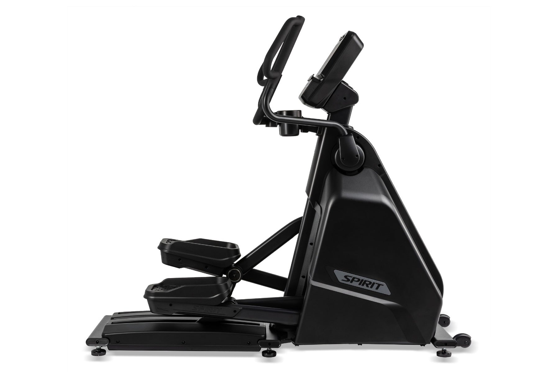 Black Spirit CE900 elliptical machine with dual handles and foot pedals on white background