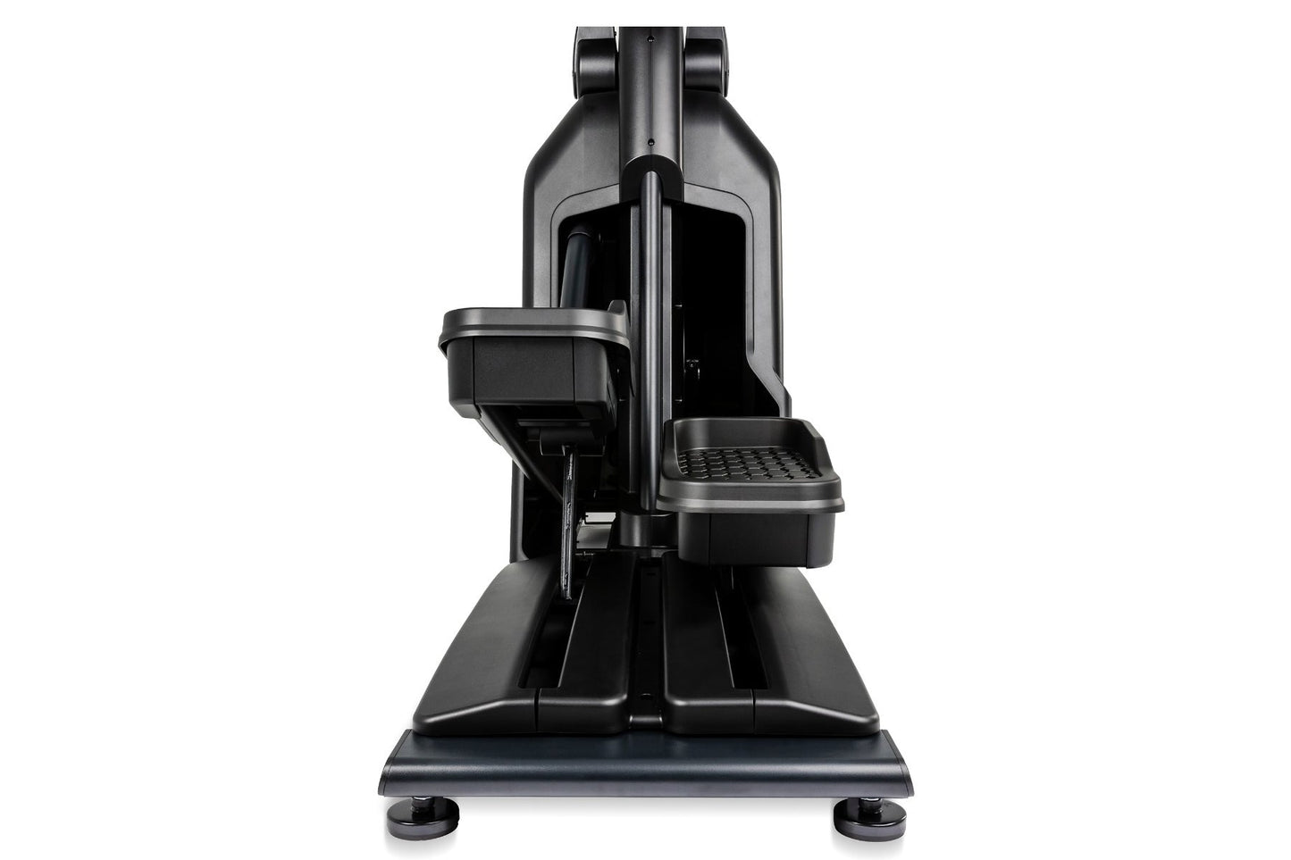 Black Spirit CE900 elliptical machine with dual foot pedals, vertical stride mechanism, and display console on white backgrou