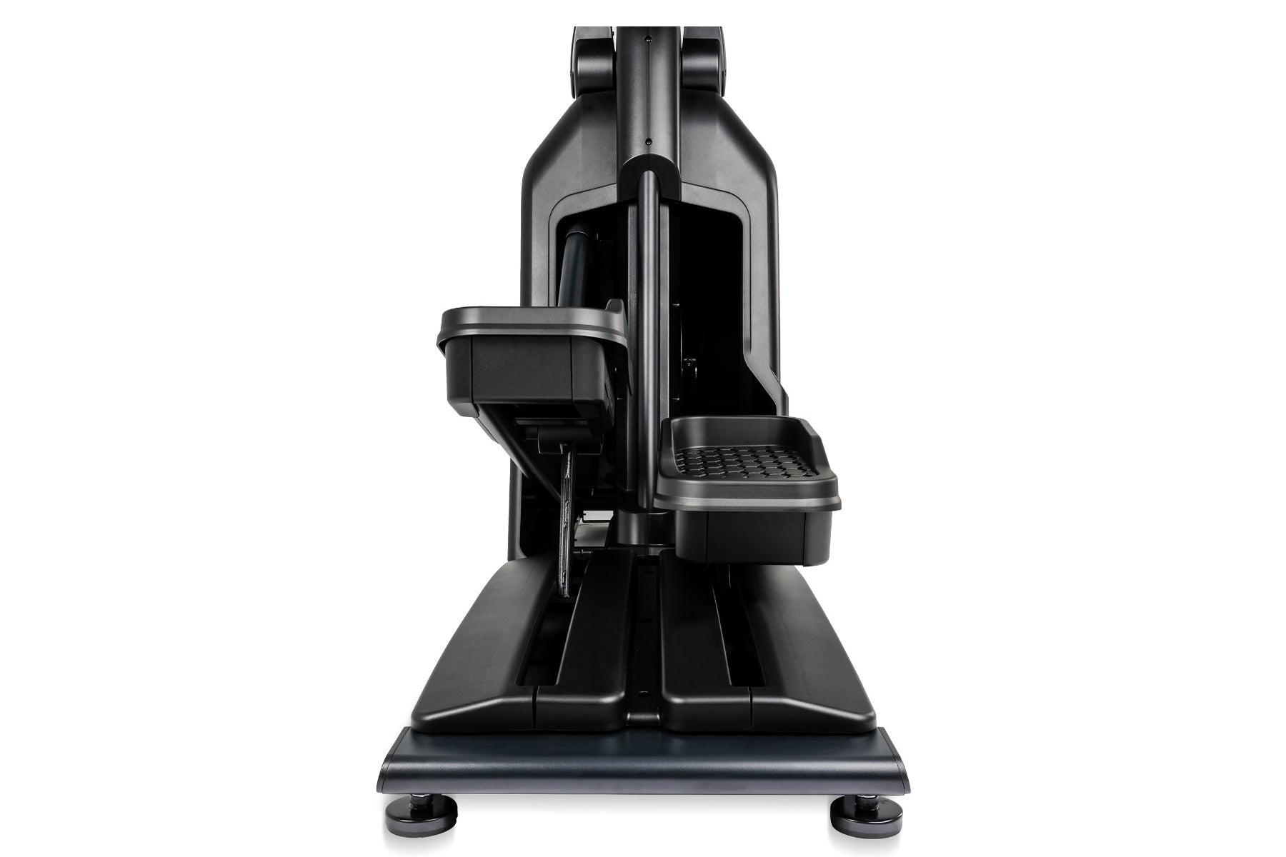 Black Spirit CE900 elliptical machine with dual foot pedals, vertical stride mechanism, and display console on white backgrou