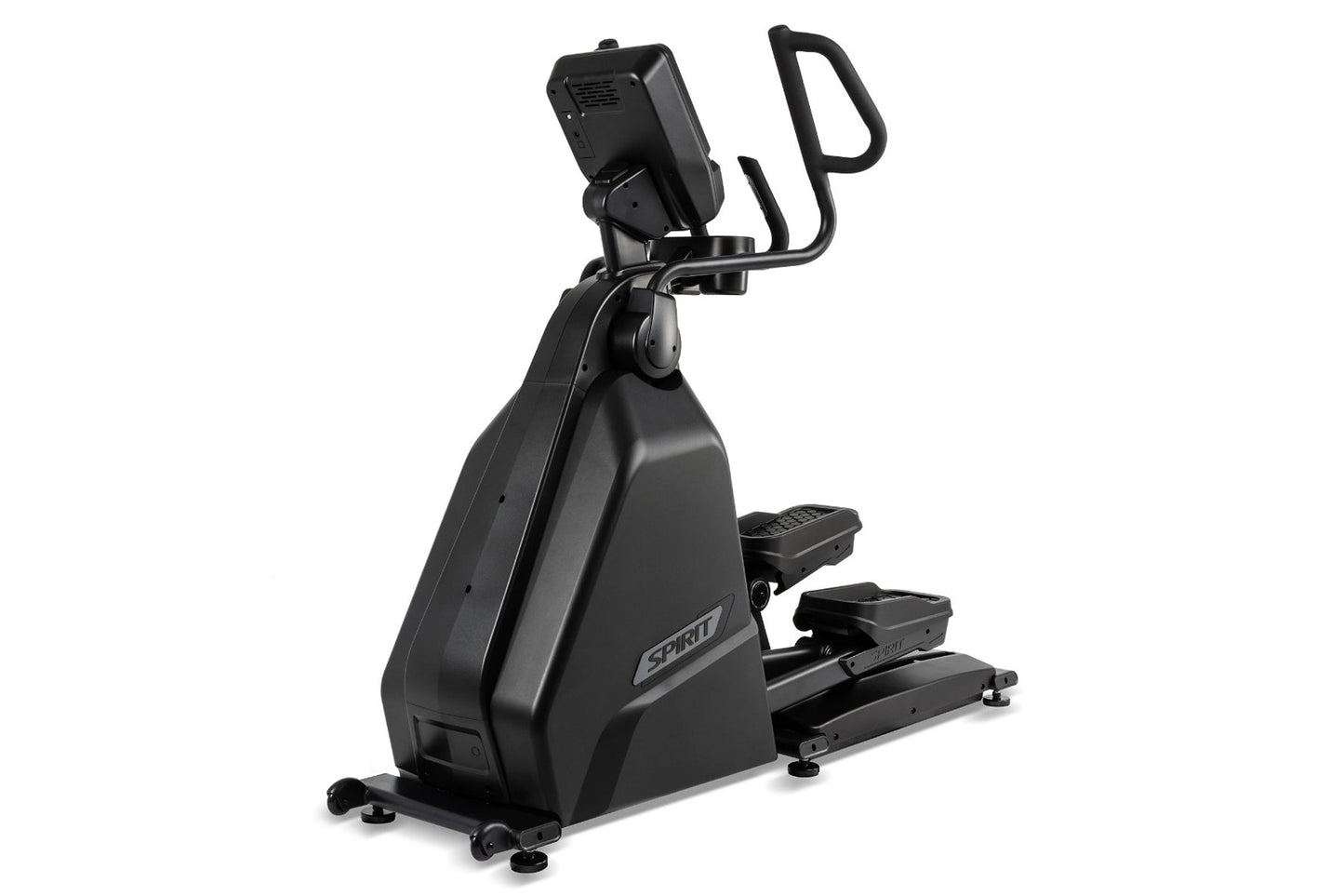 Black Spirit CE900 elliptical machine with padded seat, digital display console, and D-shaped handlebars on white background