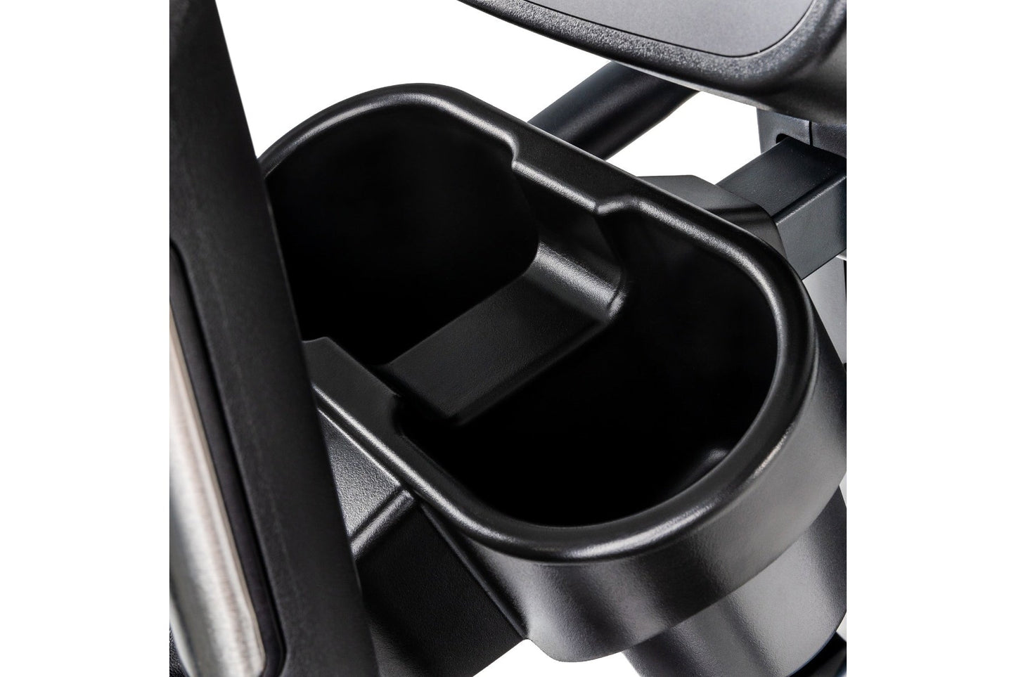 Black cup holder attached to elliptical machine frame with mounting bracket