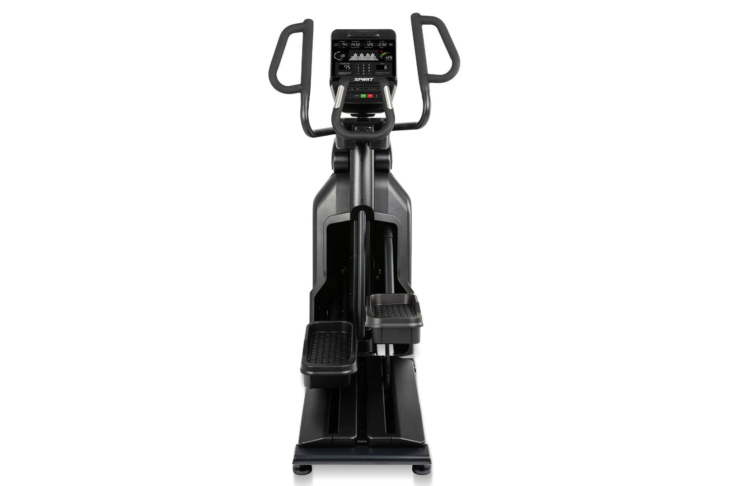 Black Spirit CE900 elliptical machine with digital console, dual handles, and foot pedals on white background