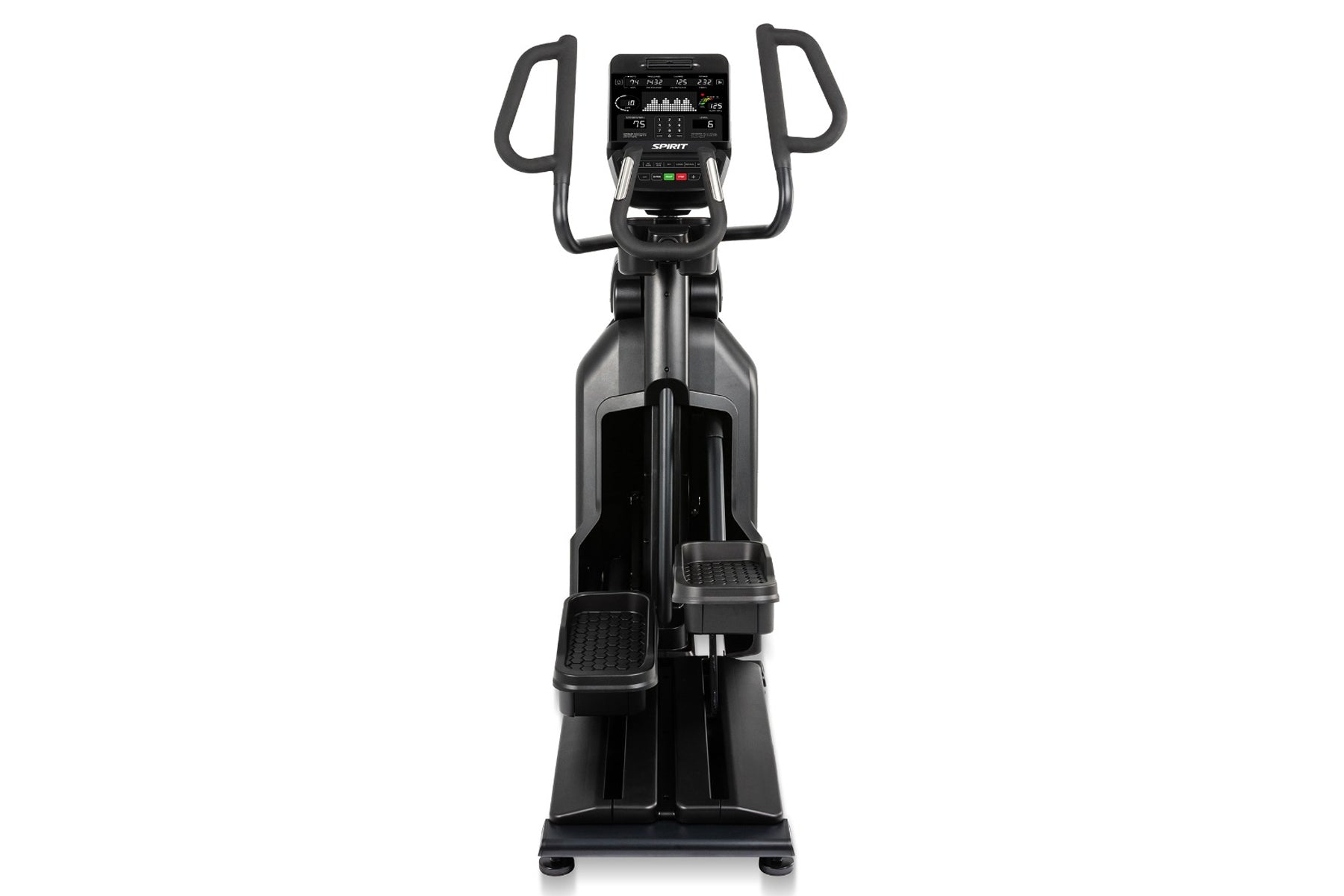 Black Spirit CE900 elliptical machine with digital console, dual handles, and foot pedals on white background
