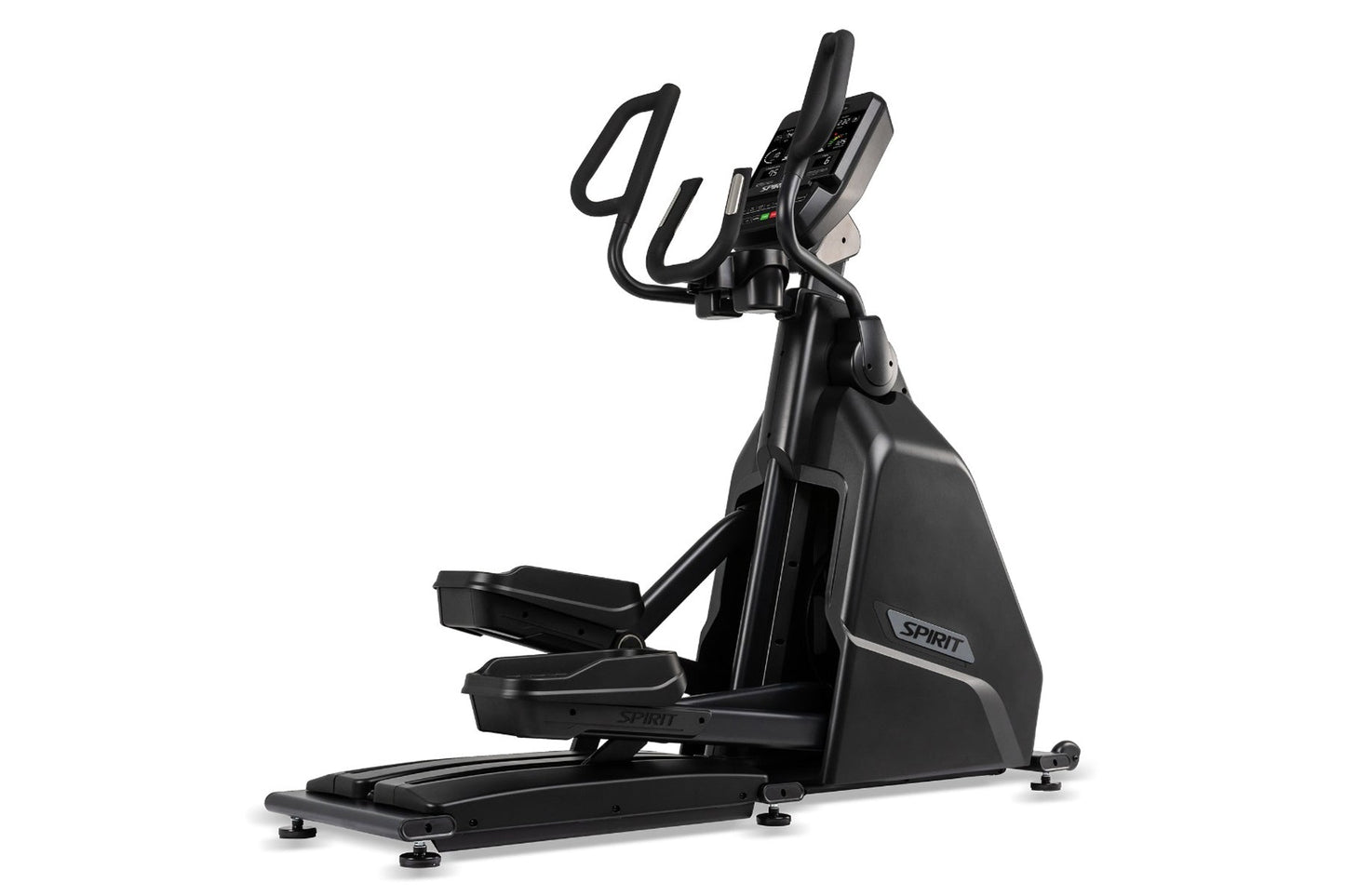 Black Spirit CE900 elliptical with curved handles, digital console, and foot pedals on white background