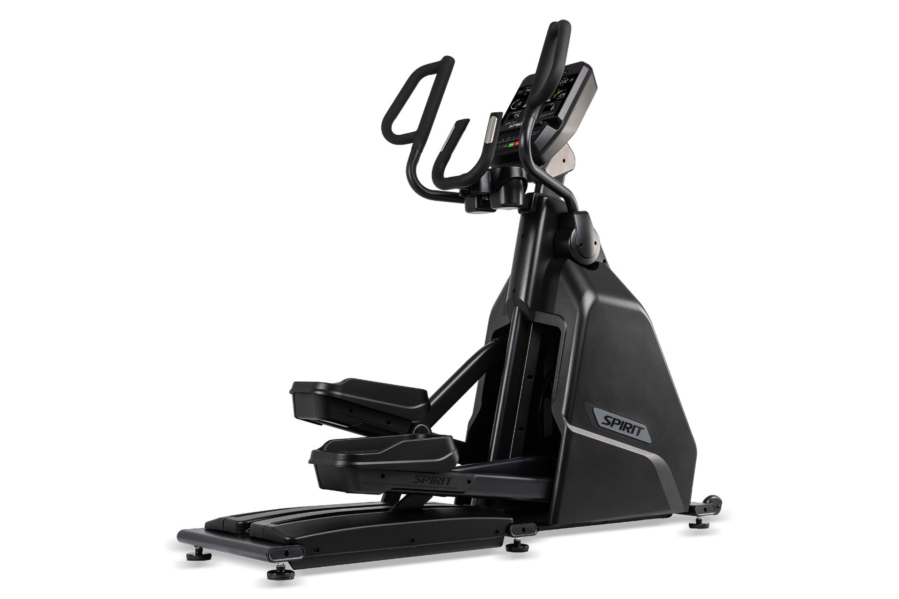 Black Spirit CE900 elliptical with curved handles, digital console, and foot pedals on white background