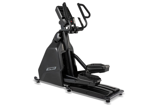 Spirit CE900 black elliptical machine with digital console, dual handles, and wide footplate on white background