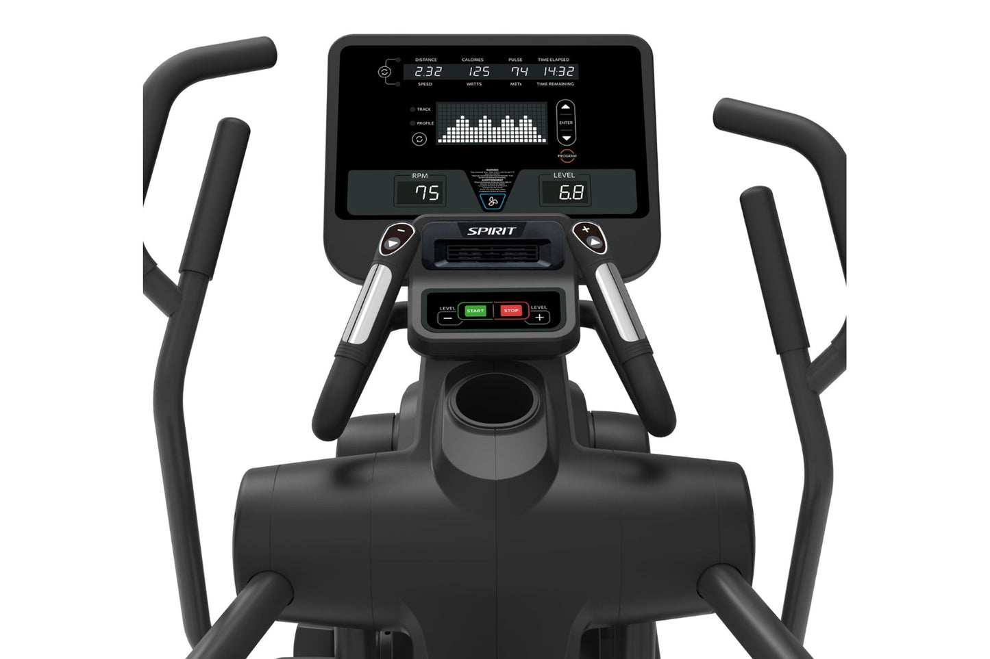Spirit CES880 black suspension elliptical with digital display showing workout metrics, curved handles, and start/stop button