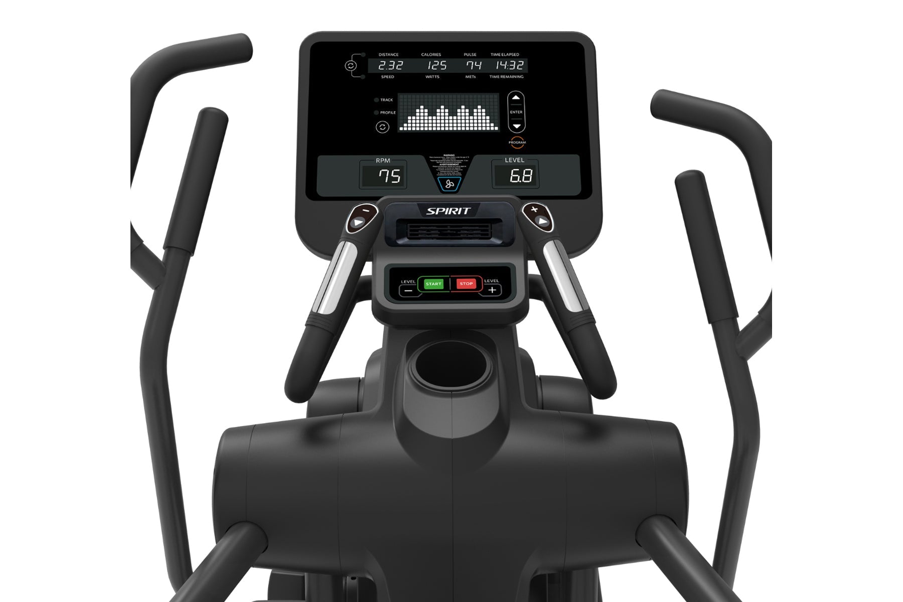 Spirit CES880 black suspension elliptical with digital display showing workout metrics, curved handles, and start/stop button