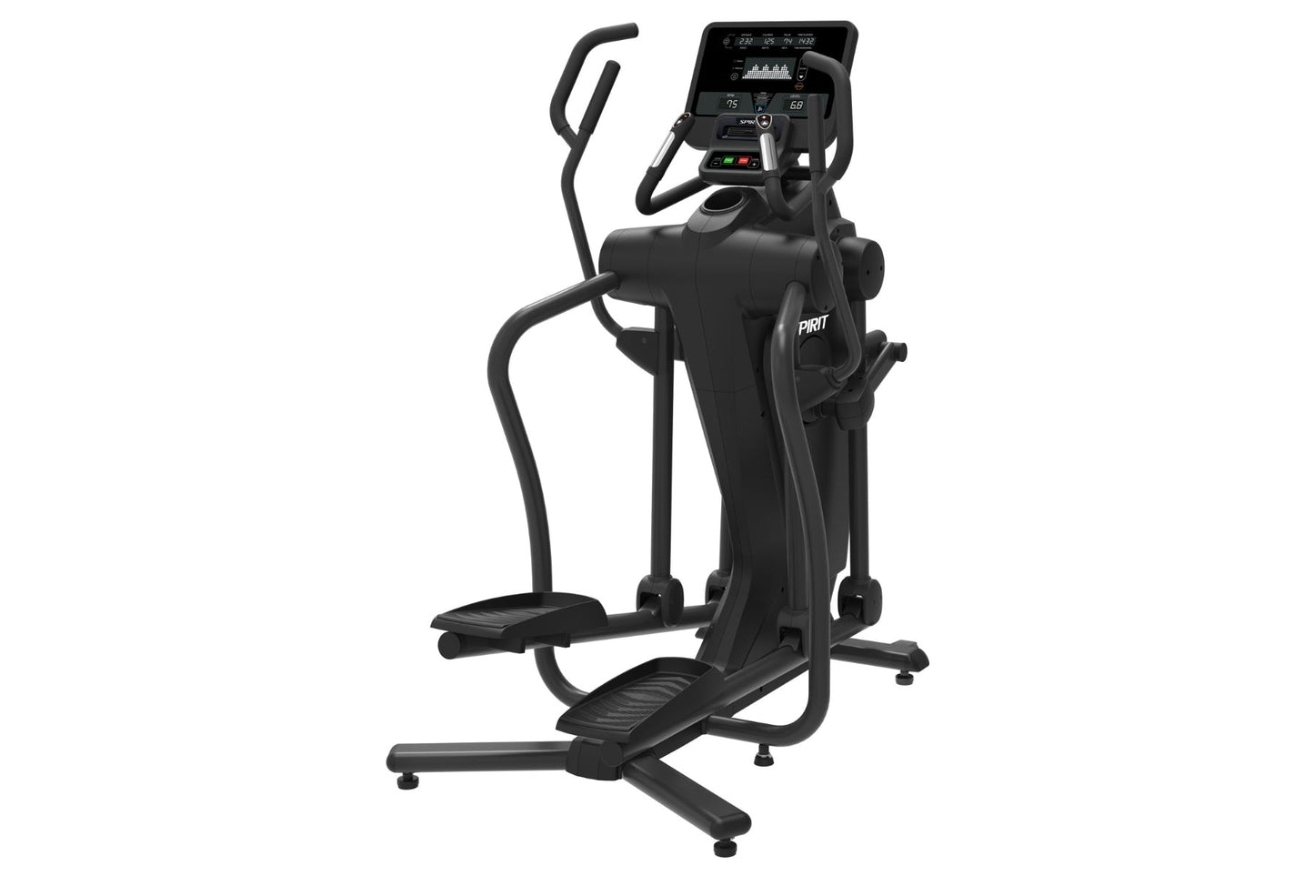 Black Spirit CES880 elliptical trainer with digital console, dual moving handles, and foot pedals on white background