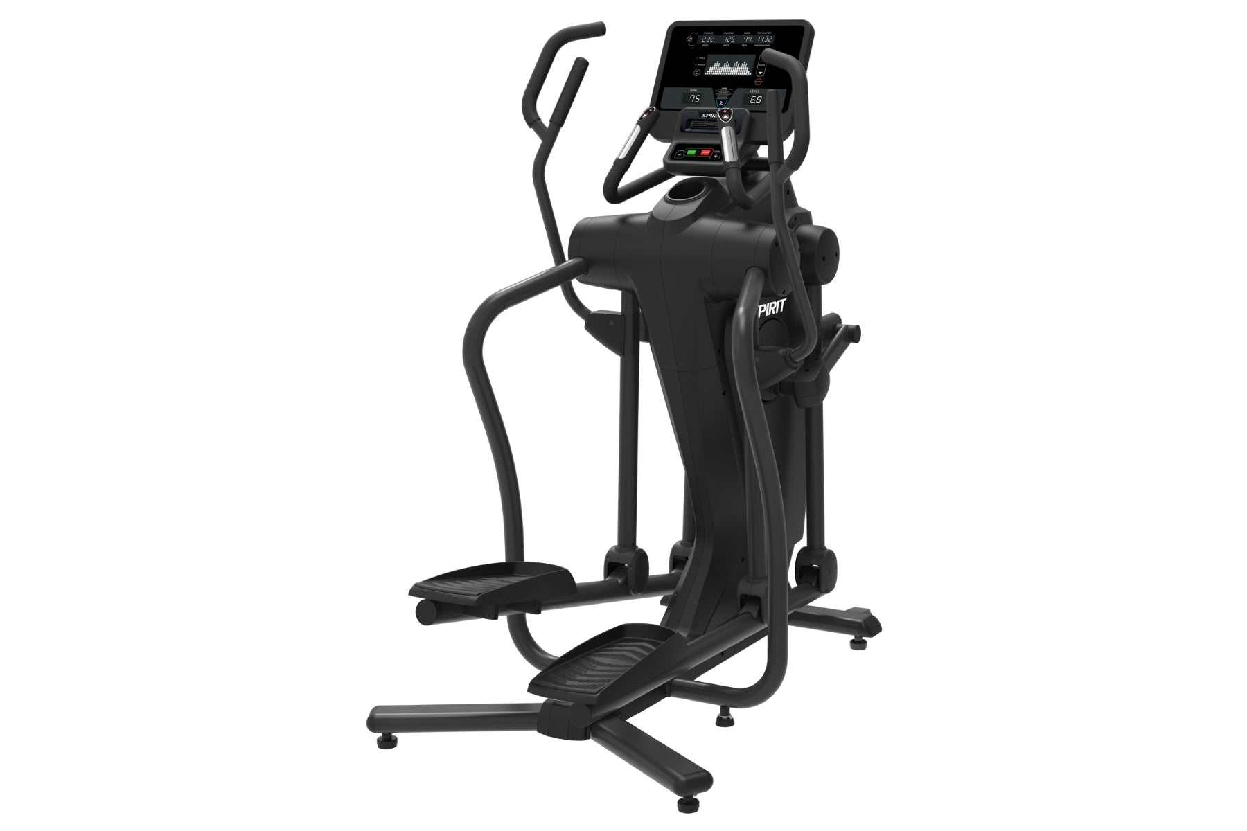 Black Spirit CES880 elliptical trainer with digital console, dual moving handles, and foot pedals on white background