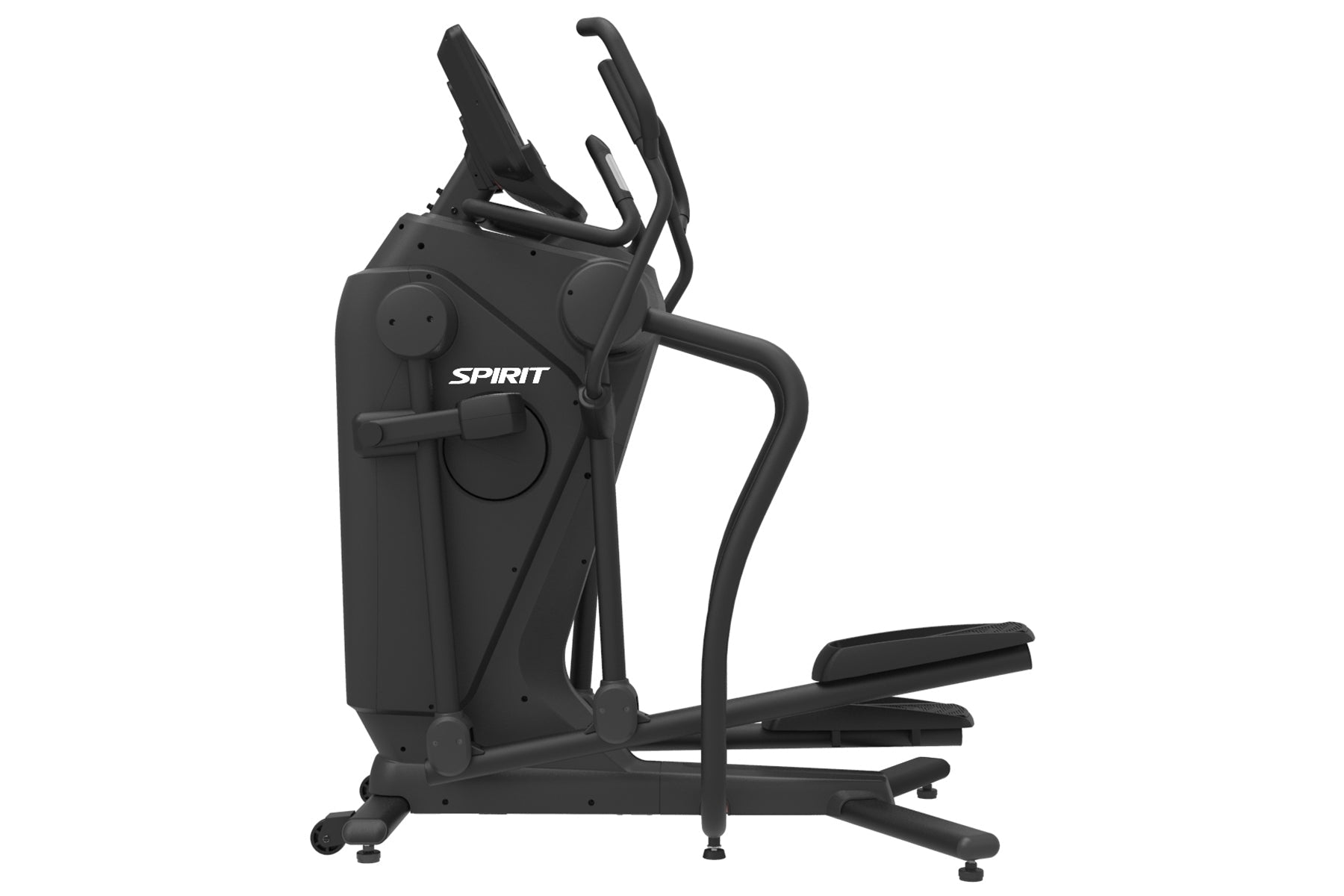Spirit CES880 black suspension elliptical with dual handles, foot pedals, and resistance controls on white background