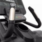 Black and silver elliptical machine handlebar with digital console display showing RPM and level settings on white background