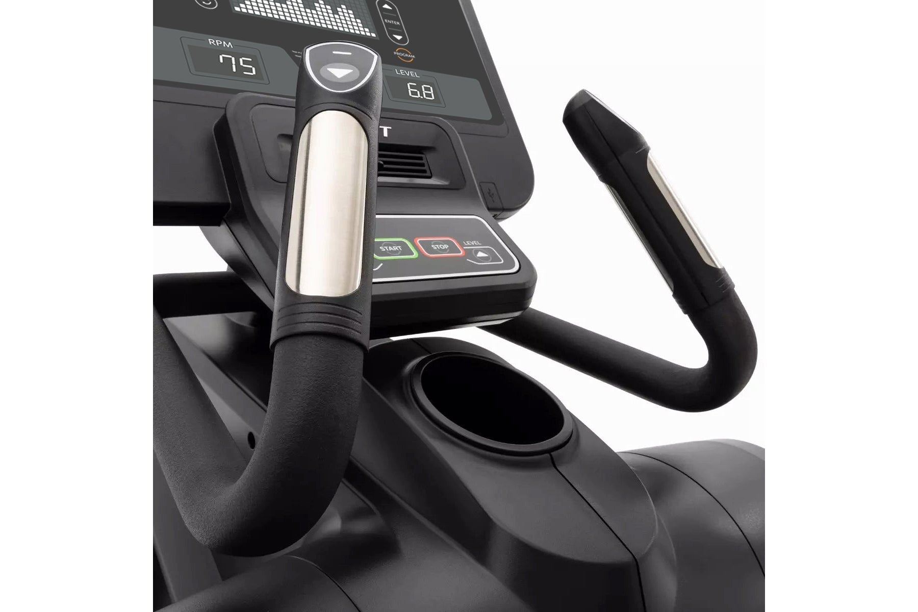 Black and silver elliptical machine handlebar with digital console display showing RPM and level settings on white background