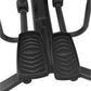Black elliptical machine with curved handles and textured foot pedals on white background