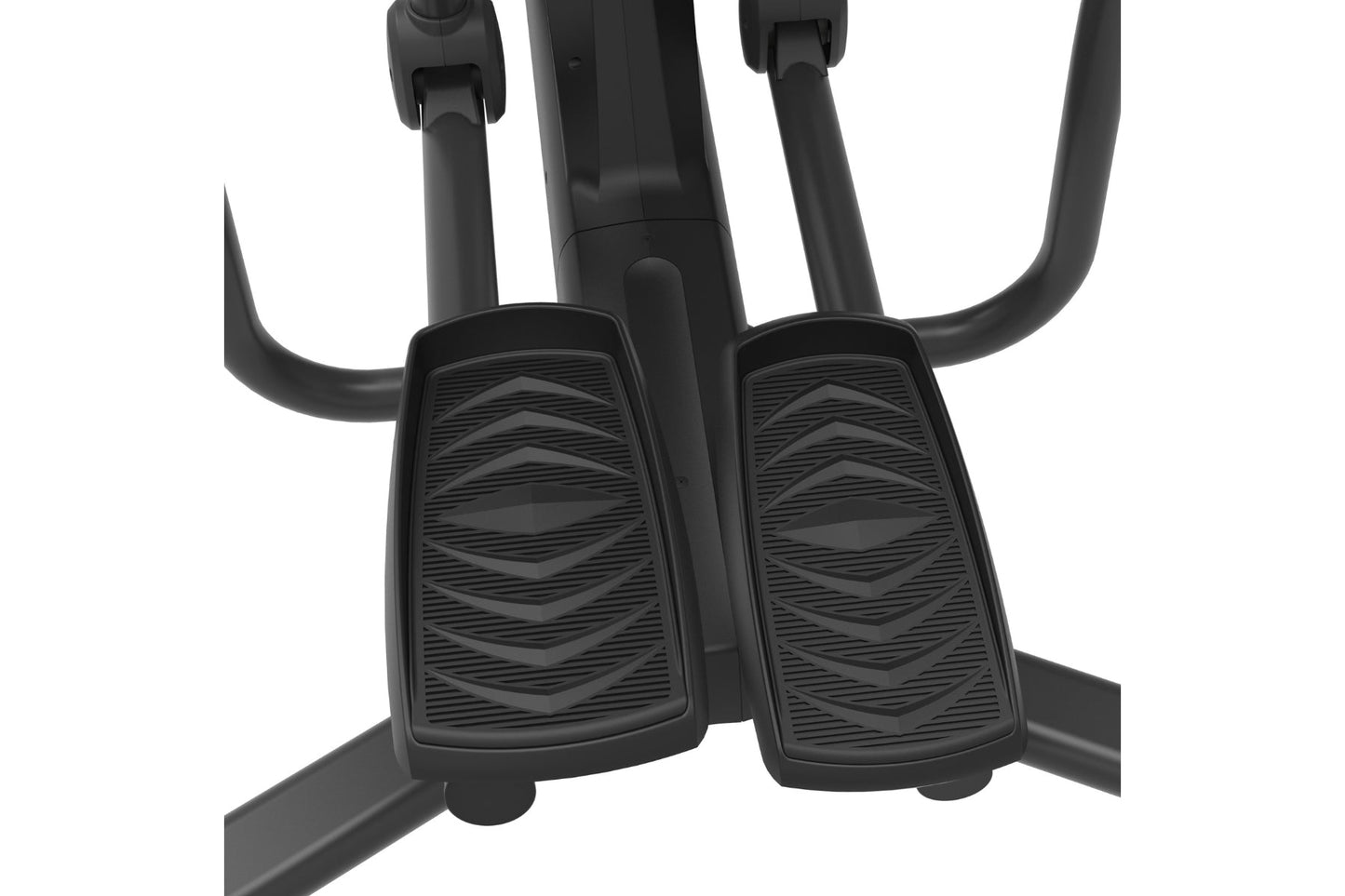 Black elliptical machine with curved handles and textured foot pedals on white background