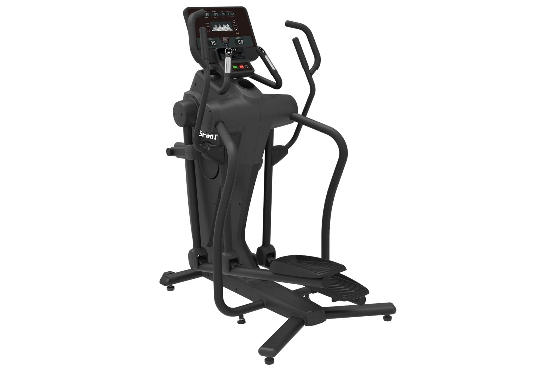 Black Spirit CES880 suspension elliptical with digital console displaying workout metrics, dual handles, and foot pedals on w