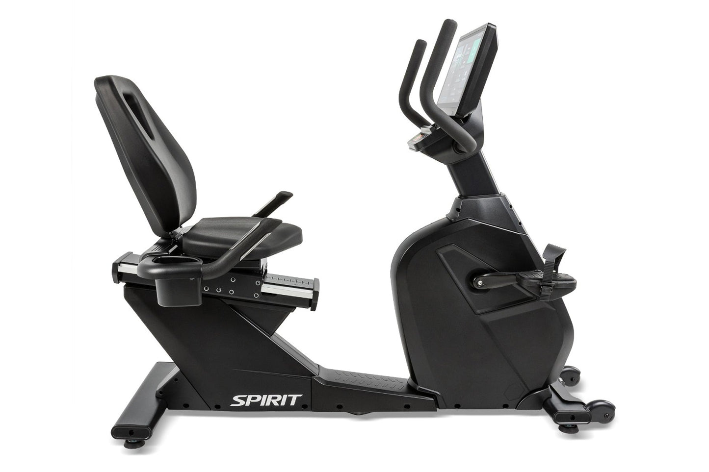 Spirit CR1000ENT black recumbent exercise bike with seat back, handlebars, and tablet holder on white background