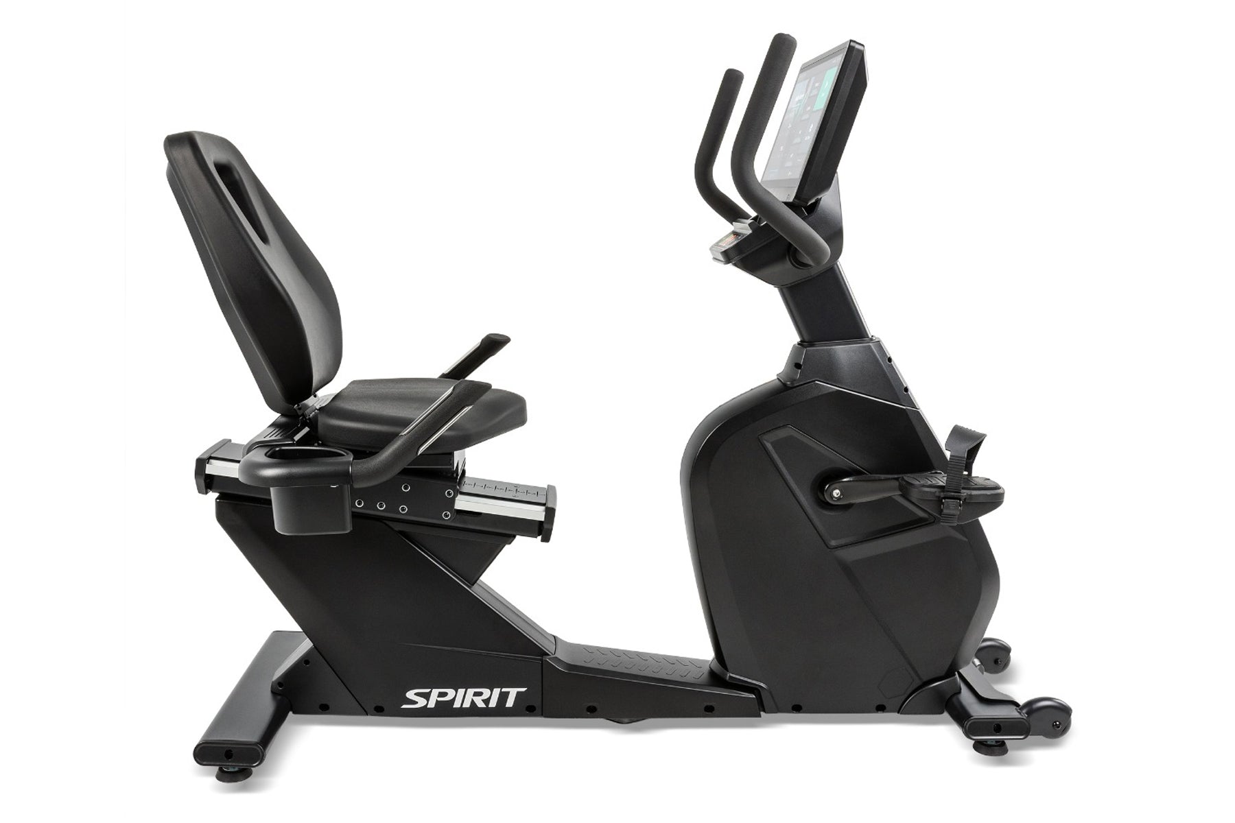 Spirit CR1000ENT black recumbent exercise bike with seat back, handlebars, and tablet holder on white background