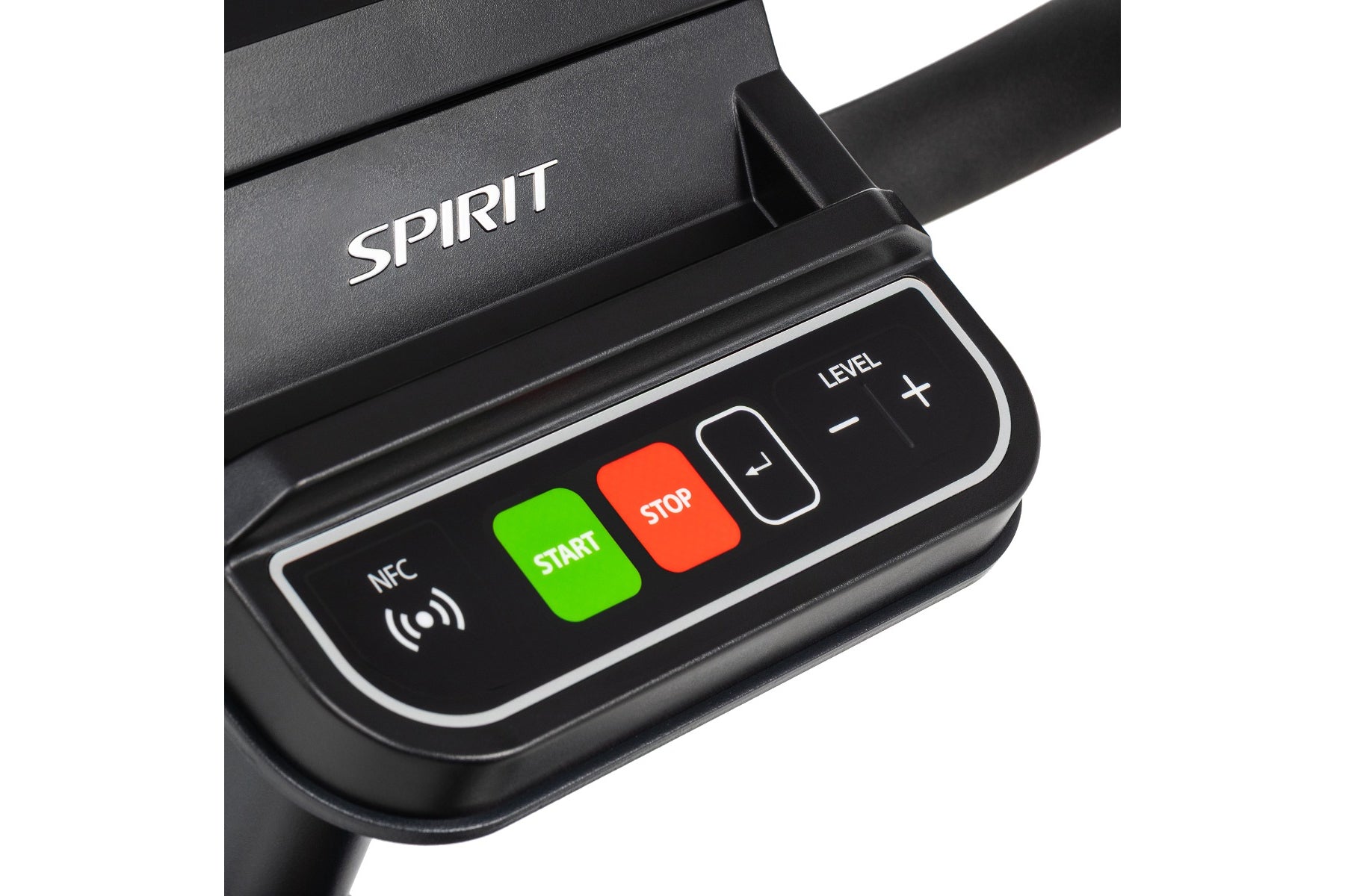 Spirit CR1000ENT recumbent bike console with black frame, green START button, red STOP button, NFC symbol, and LEVEL control 