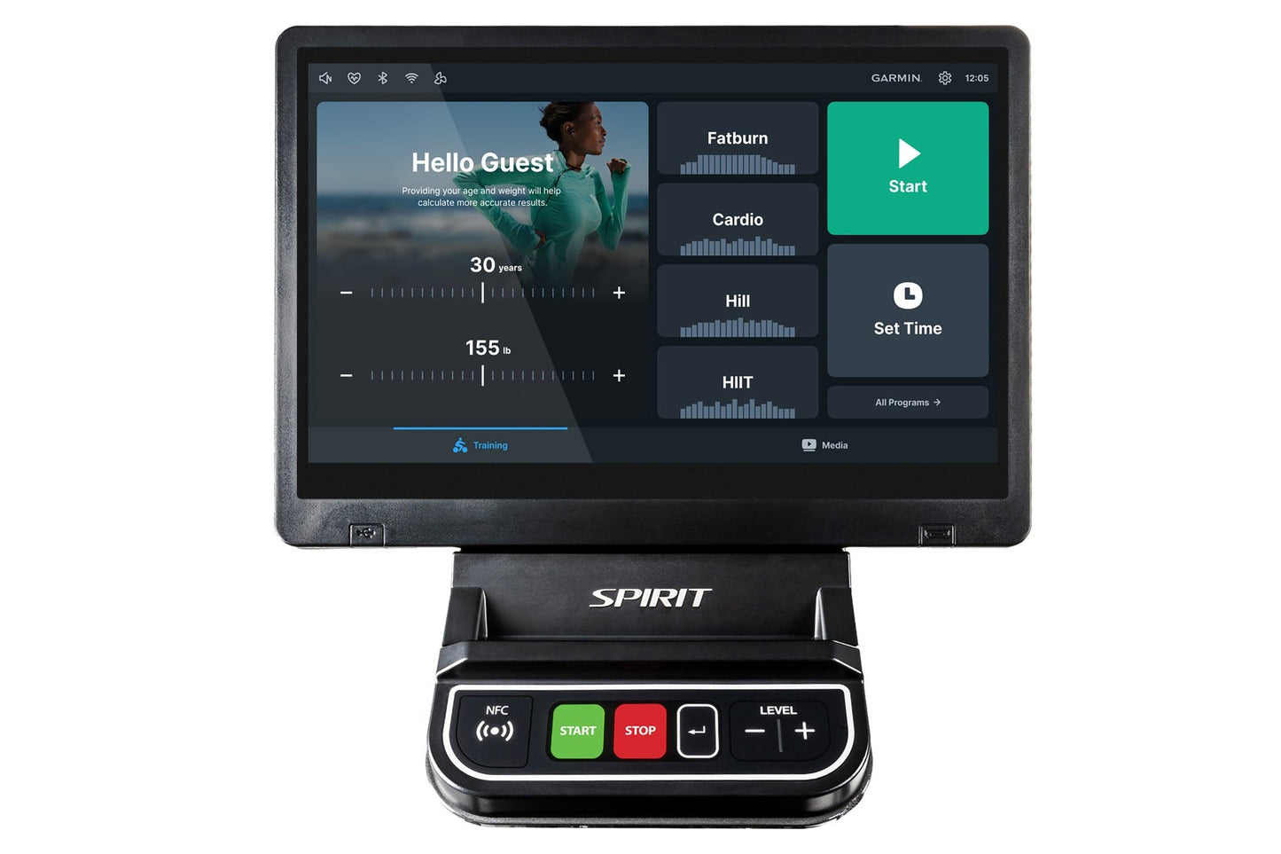 Spirit CR1000ENT recumbent bike console display showing Garmin fitness app interface with workout programs on black backgroun
