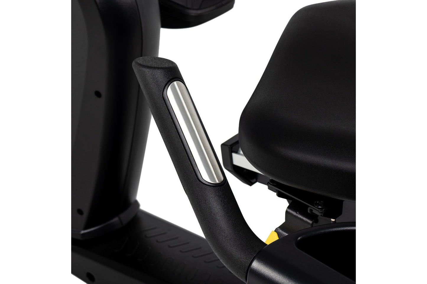 Black recumbent exercise bike with padded seat and handlebar featuring textured grip and silver accent bar detail on white ba