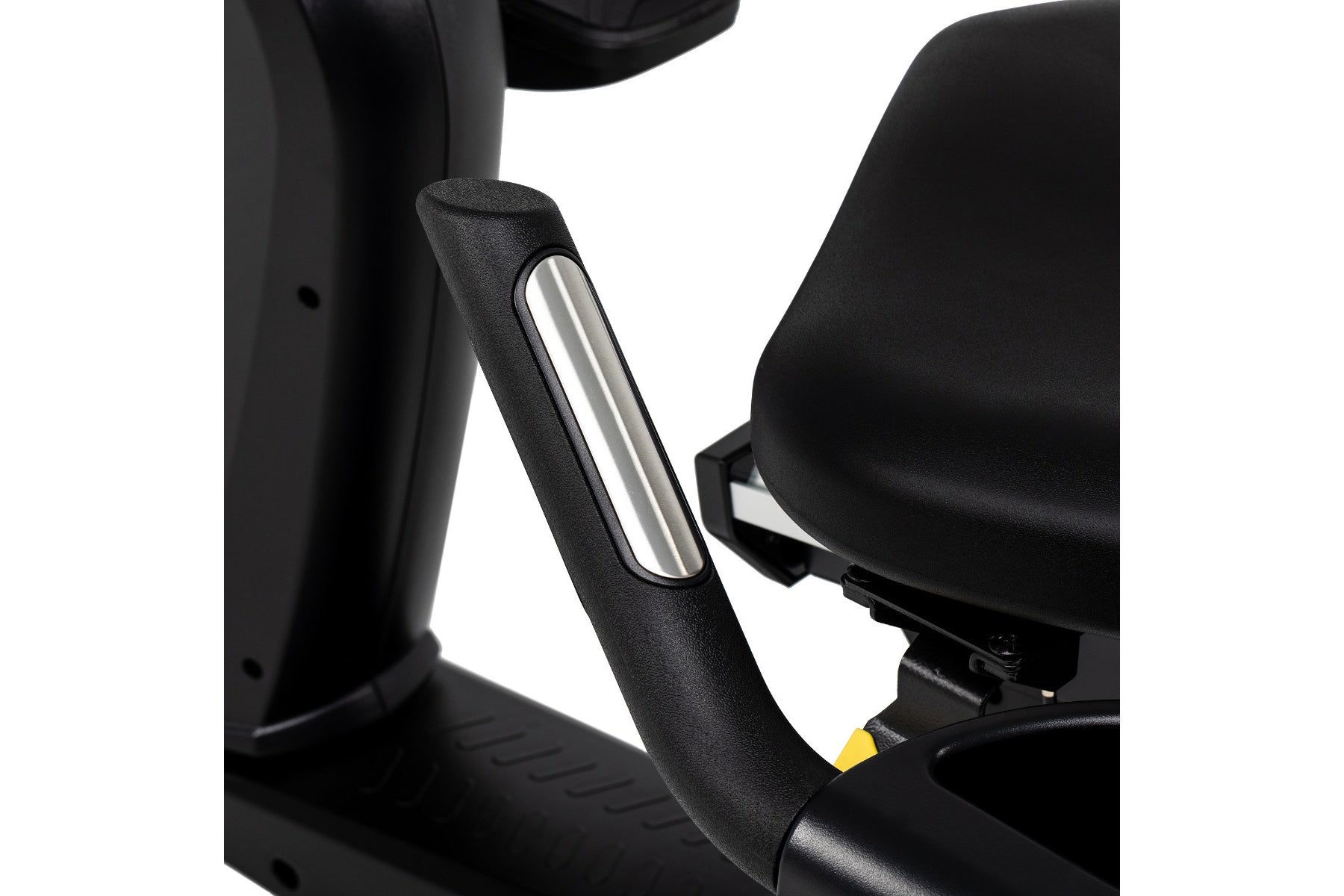 Black recumbent exercise bike with padded seat and handlebar featuring textured grip and silver accent bar detail on white ba