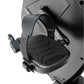 Black and gray recumbent exercise bike with pedal platform, adjustable seat harness, and control panel, shown from above on w