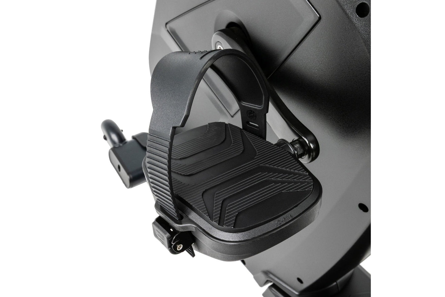 Black and gray recumbent exercise bike with pedal platform, adjustable seat harness, and control panel, shown from above on w