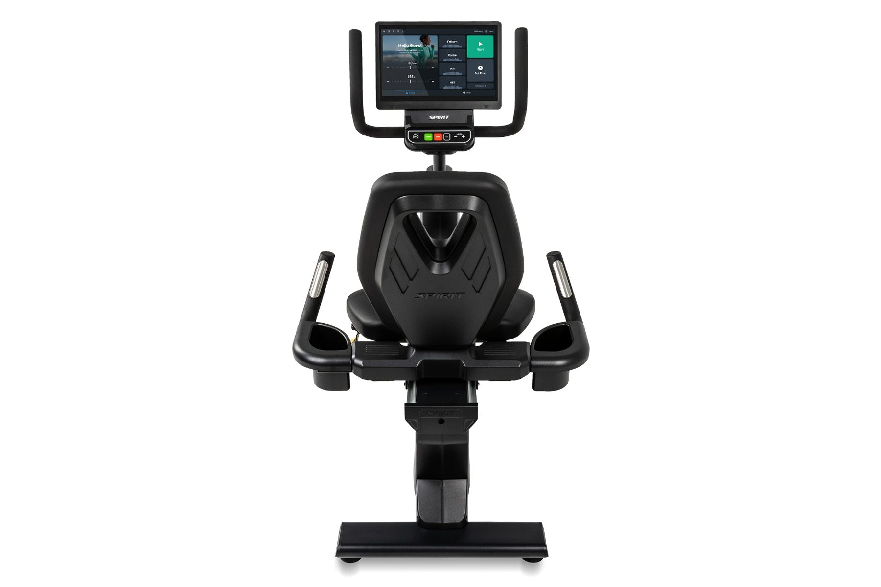 Spirit CR1000ENT recumbent exercise bike with black padded seat, dual handlebars, digital display console, and tablet holder 