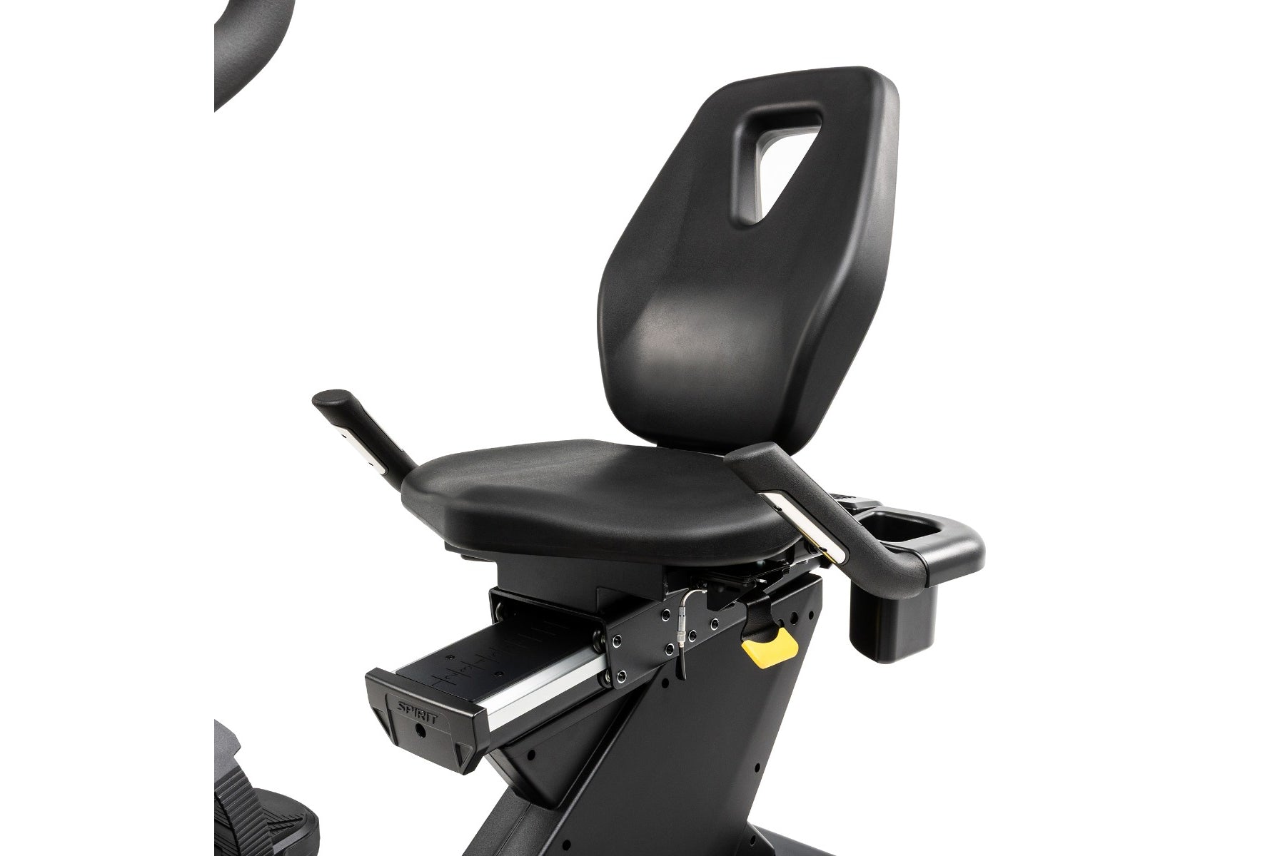 Black recumbent exercise bike with padded seat, backrest with handle cutout, armrests, and foot pedals on white background
