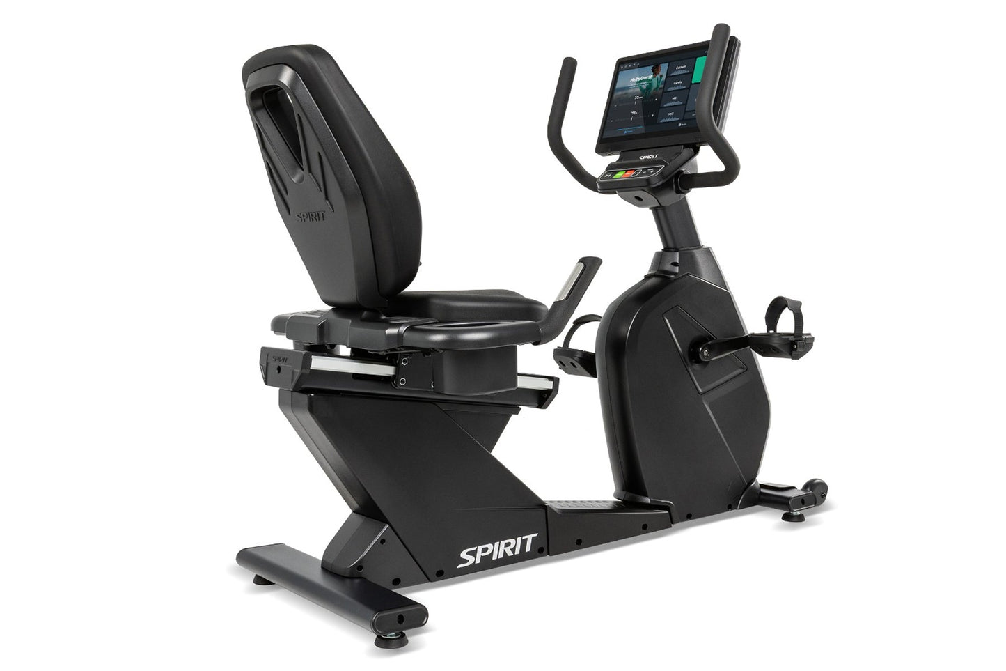 Black Spirit recumbent exercise bike with digital touchscreen console, padded seat, and foot pedals on white background