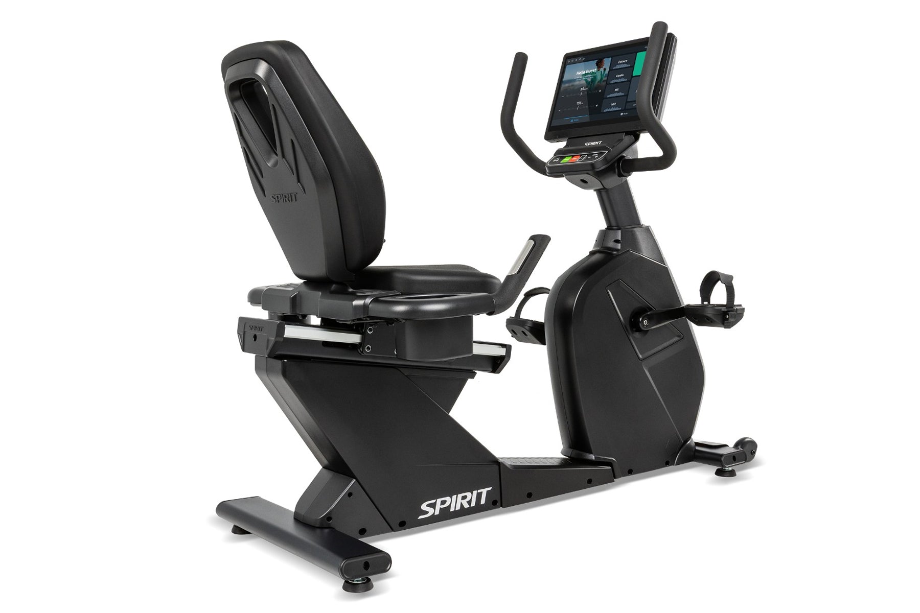 Black Spirit recumbent exercise bike with digital touchscreen console, padded seat, and foot pedals on white background