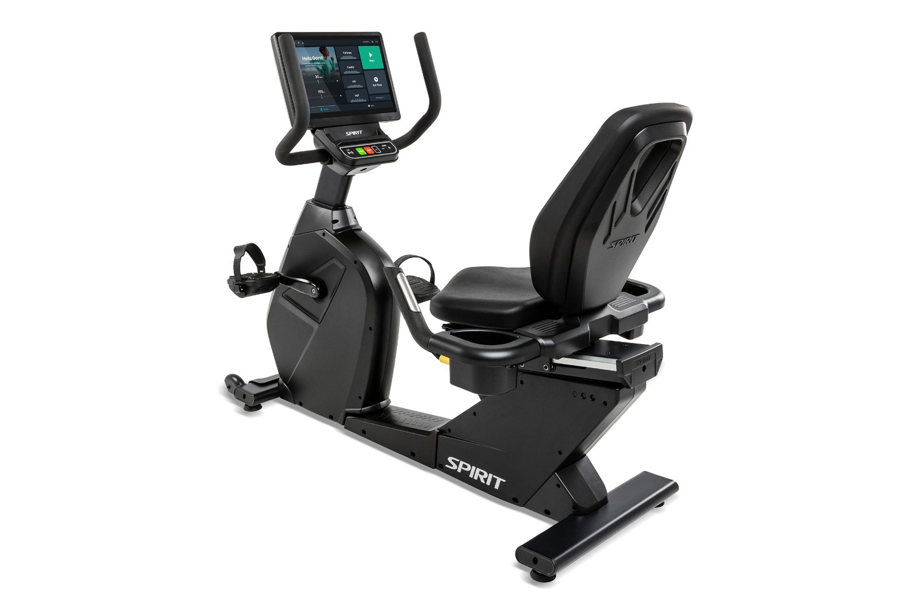 Spirit CR1000ENT black recumbent exercise bike with digital display console, padded seat, and foot pedals on white background