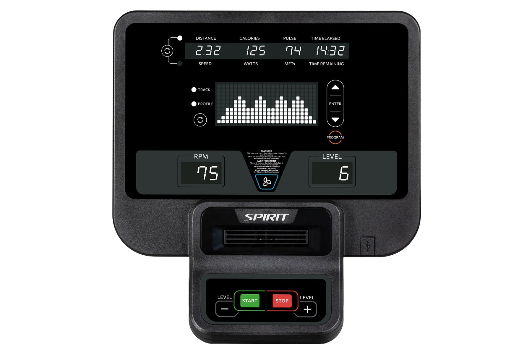 Spirit CR800 recumbent bike console displaying distance, calories, pulse, speed, watts, METs, and time metrics with RPM and l