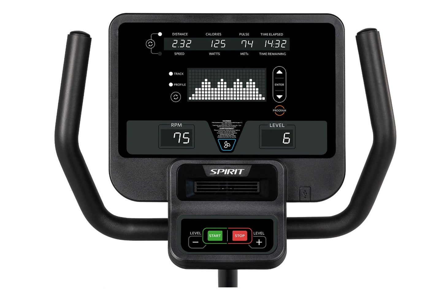 Spirit CR800 recumbent exercise bike with digital console displaying distance, calories, pulse and time metrics, black frame 