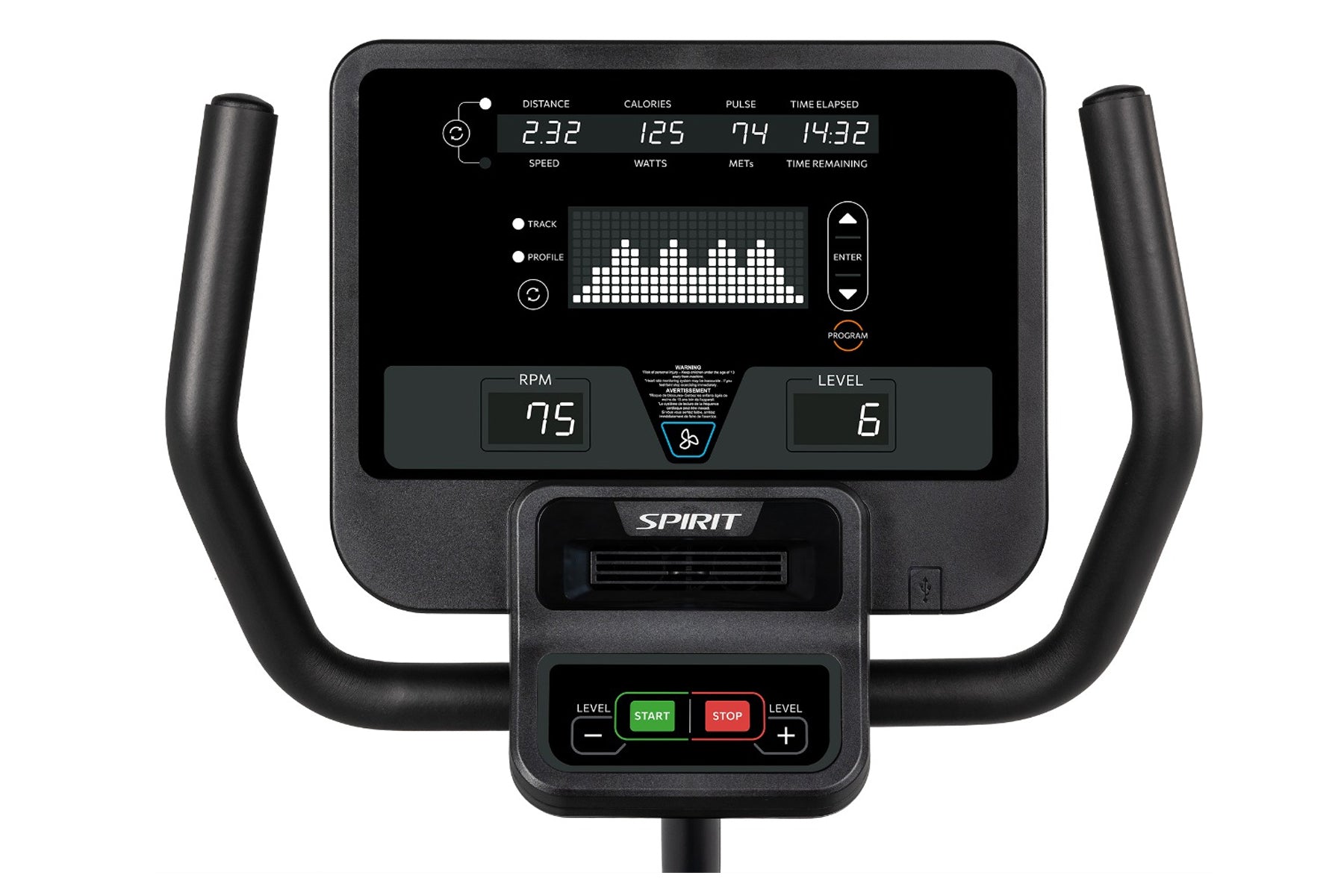 Spirit CR800 recumbent exercise bike with digital console displaying distance, calories, pulse and time metrics, black frame 