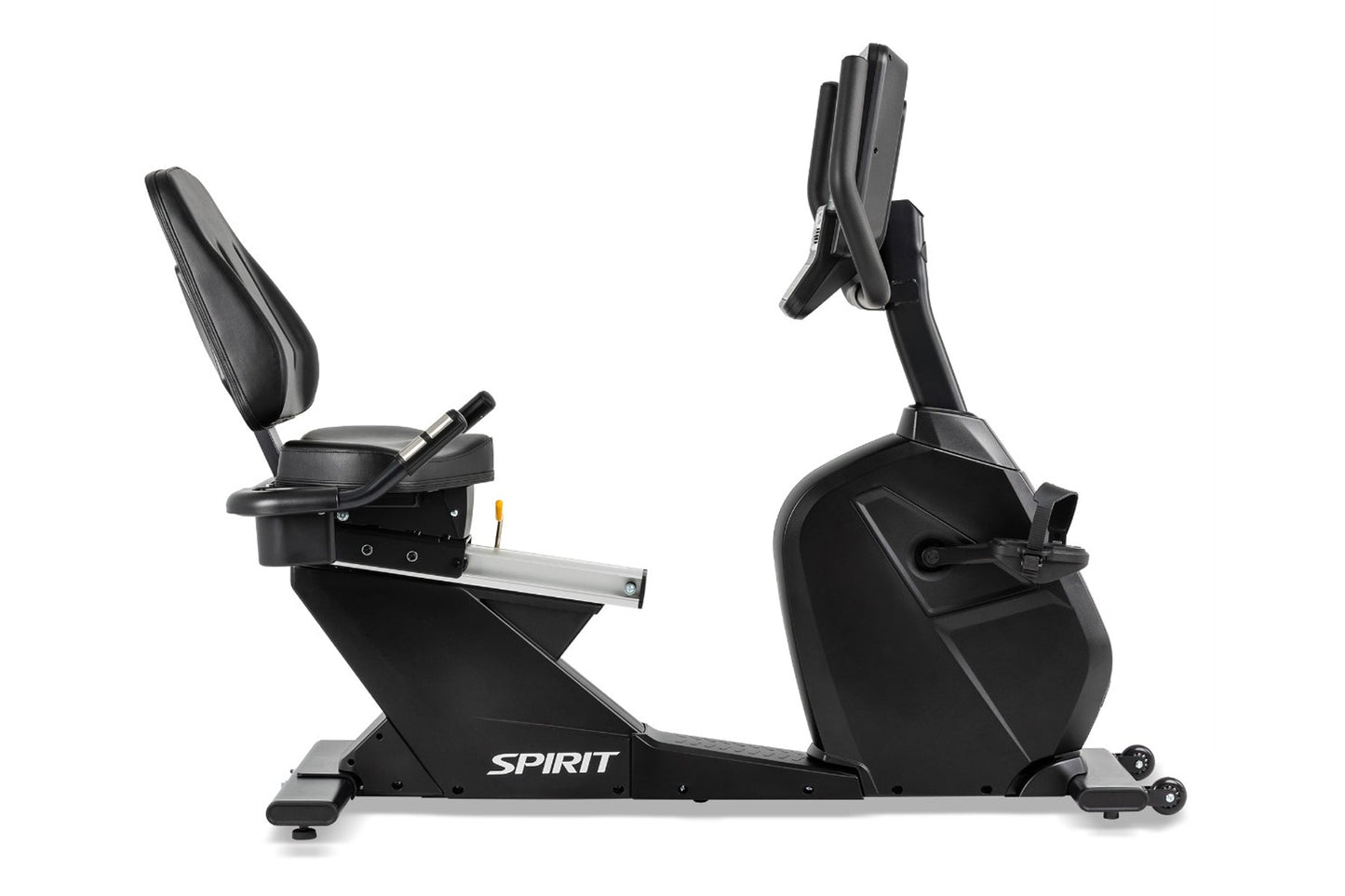 Spirit CR800 black recumbent exercise bike with padded seat, backrest, and digital console on white background