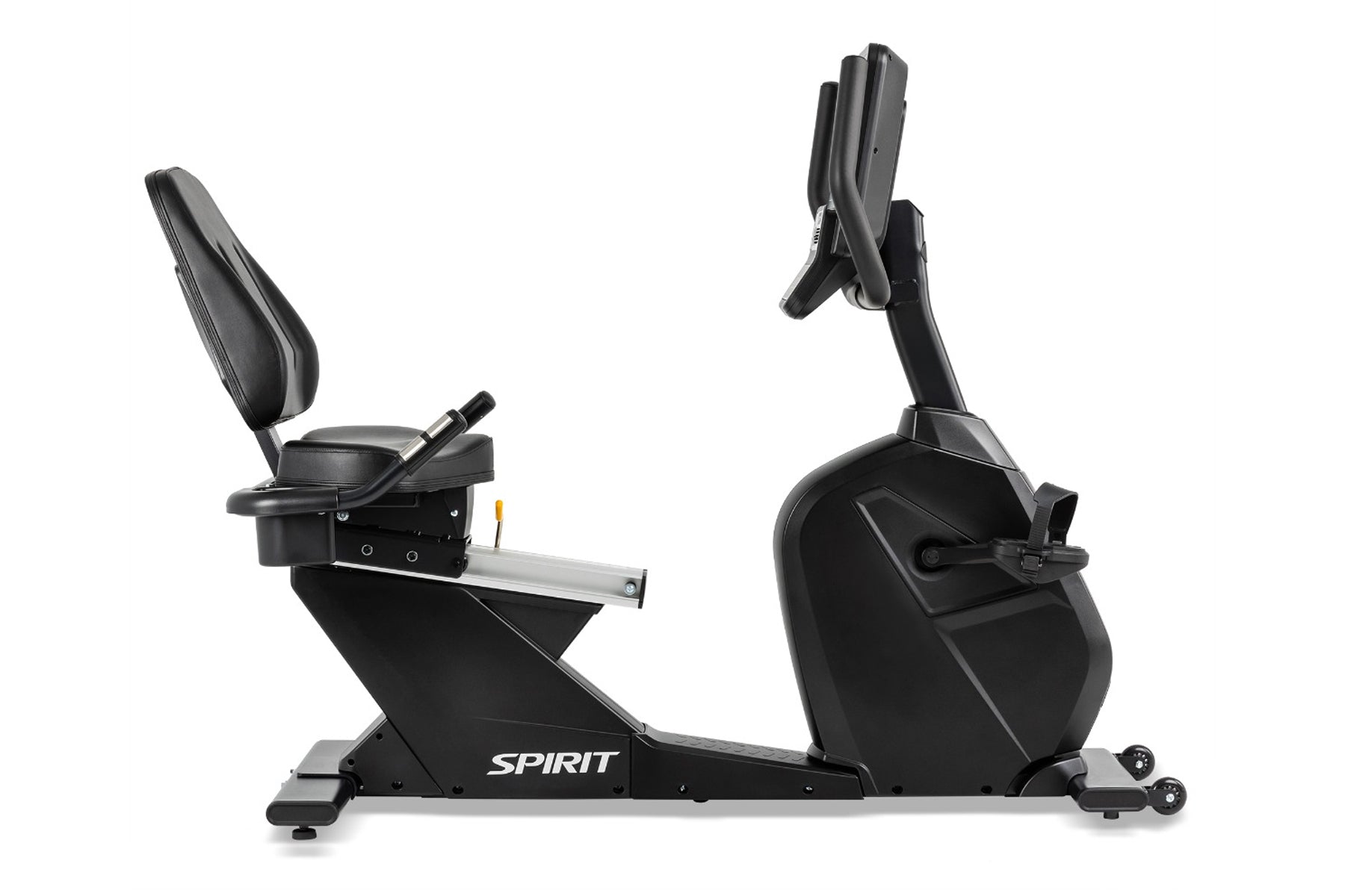 Spirit CR800 black recumbent exercise bike with padded seat, backrest, and digital console on white background