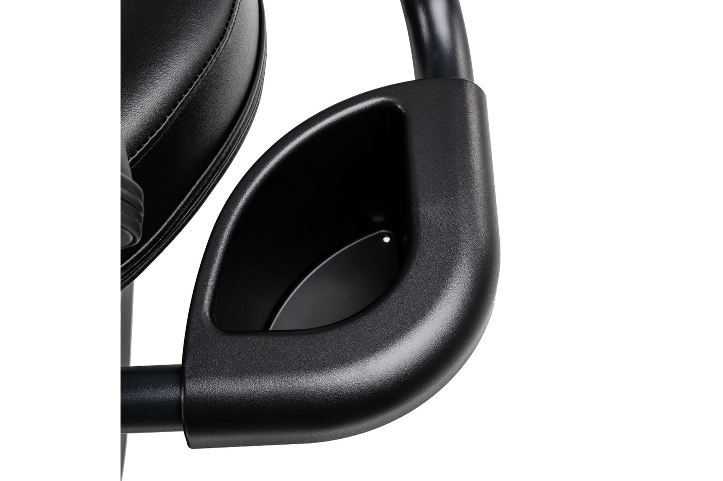 Black over-ear headphones with padded leather ear cups and adjustable headband, close-up detail view on white background