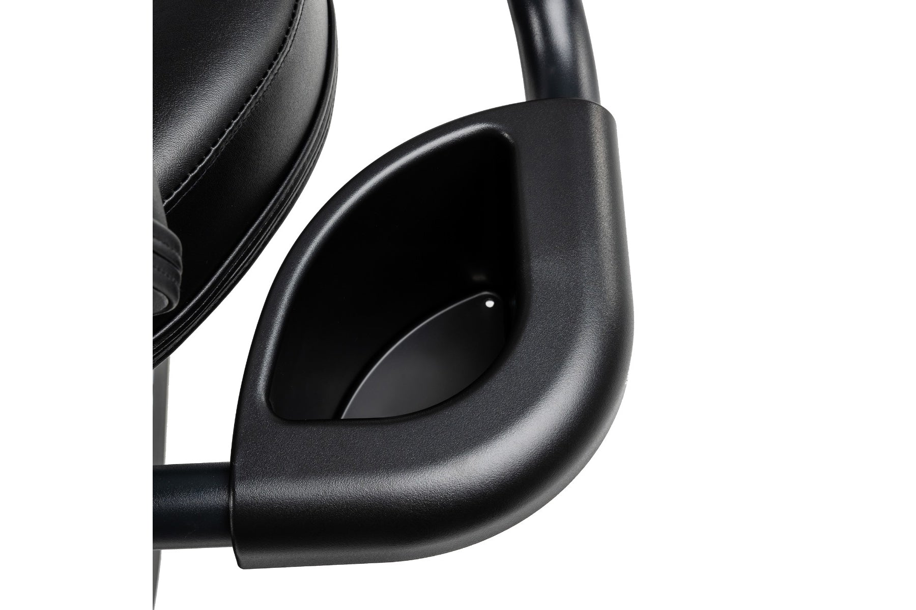 Black over-ear headphones with padded leather ear cups and adjustable headband, close-up detail view on white background